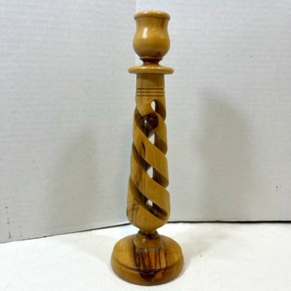 VTG Shabbat Olivewood 10" Taperer Candlestick Holder Jerusalem Barley Twist - Picture 1 of 6